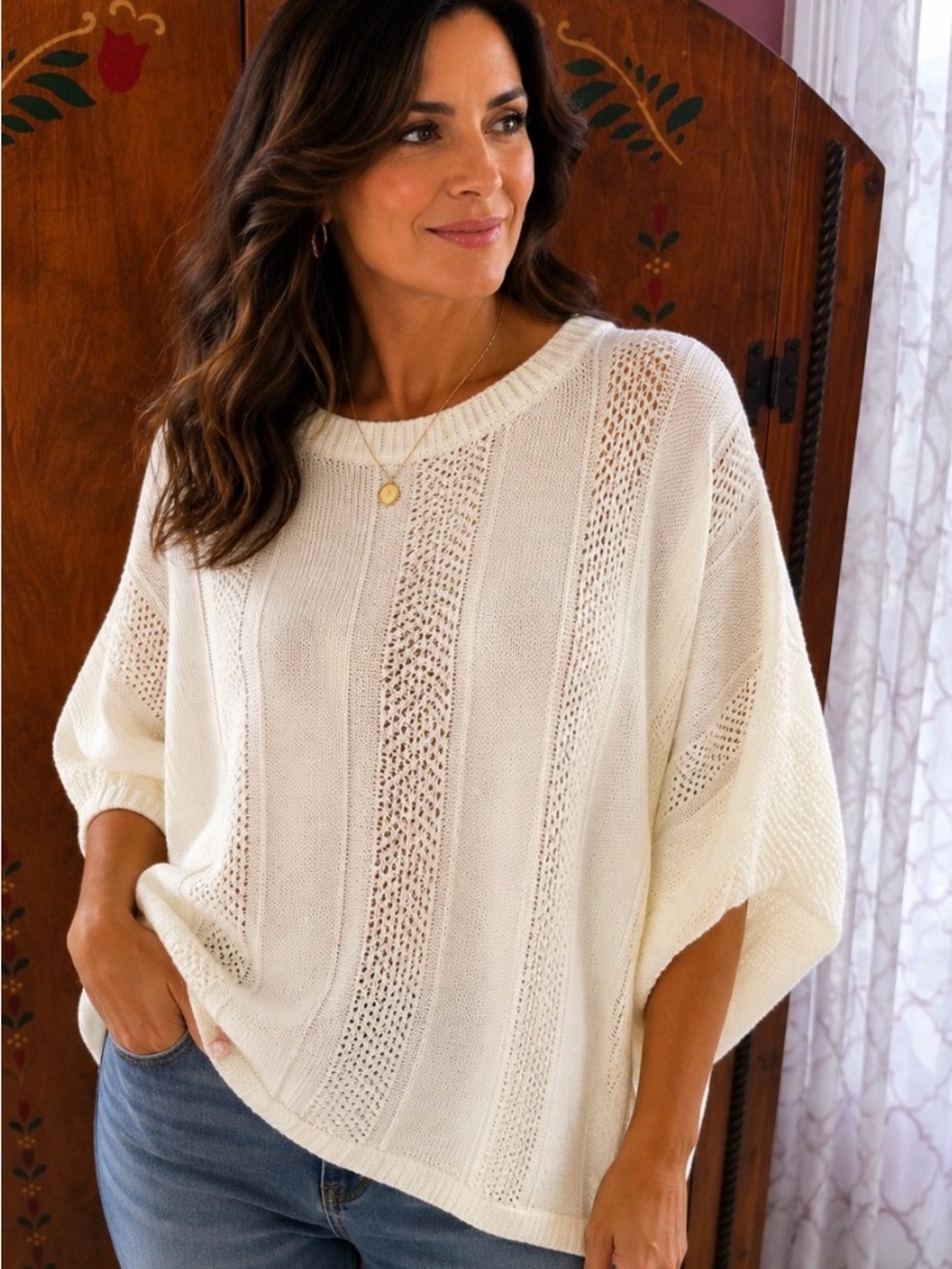 Frye Cream Open-Knit SWEATER ROOMY Crewneck Pullover large NWT